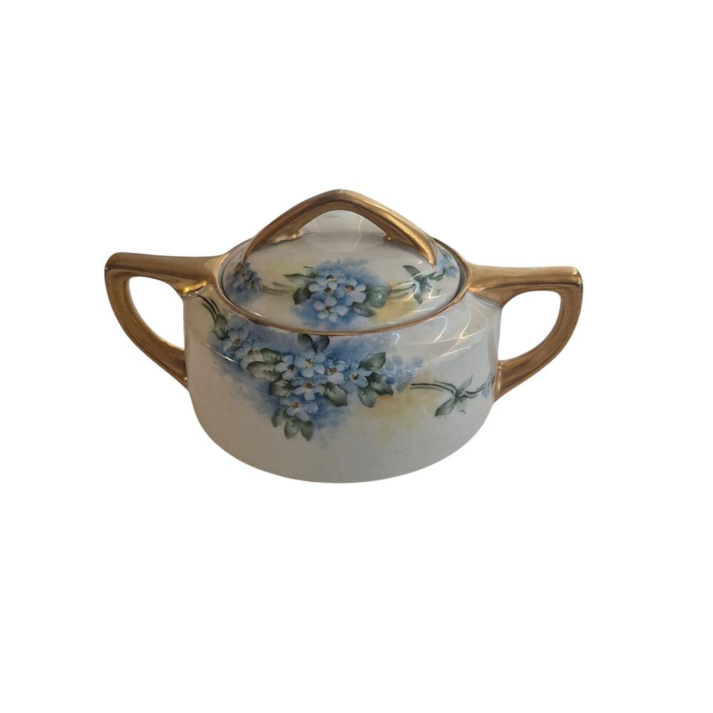 Rare Antique Buffalo China 1918 Sugar Bowl Hand Painted Forget Me Not Gold Trim